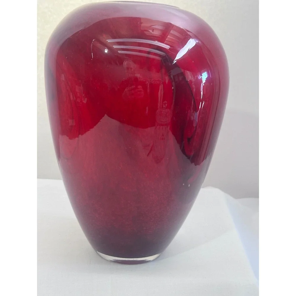 Red Art Glass Bulbus Vase Black Swirls Pontil Finish Tall Wide‎